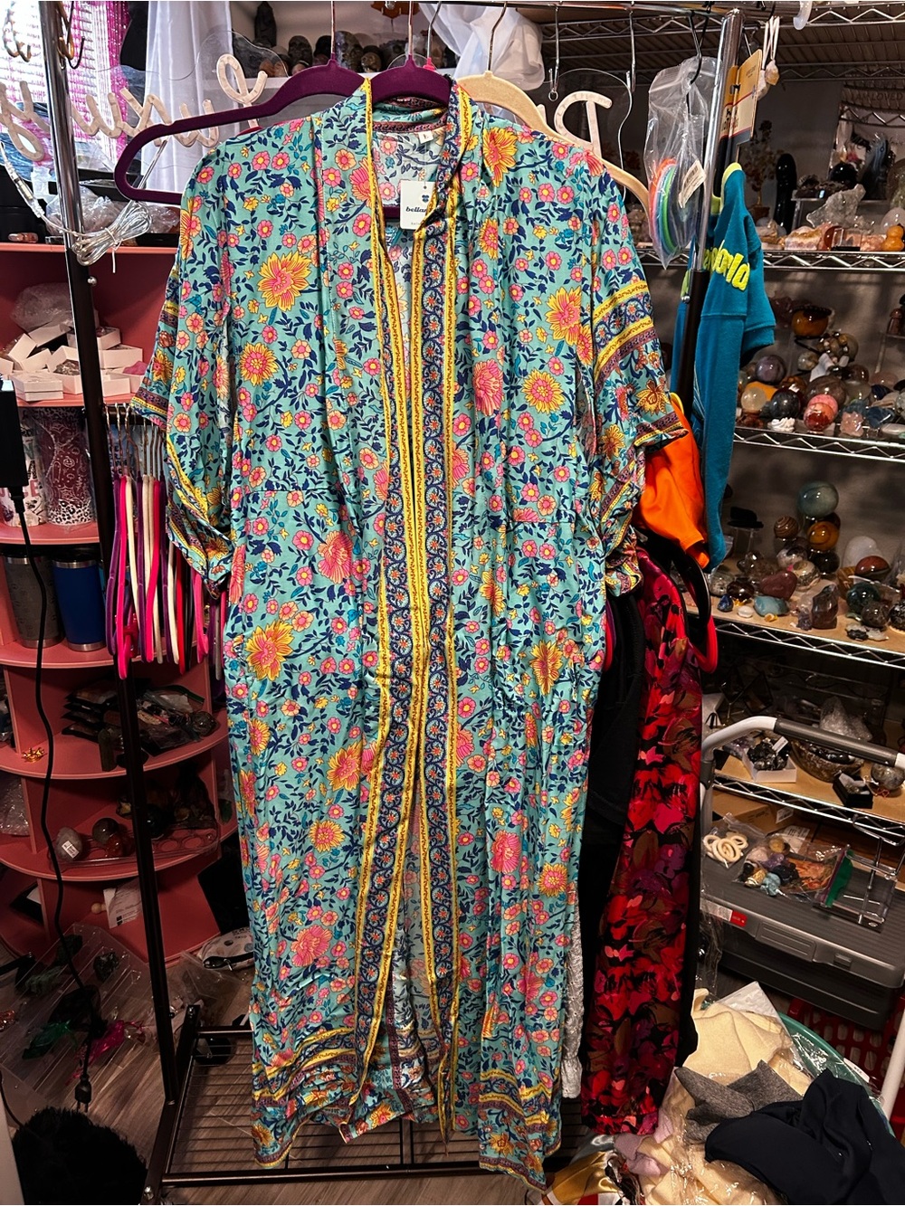 Turquoise Floral Kimono Duster with Yellow Trim With Belt